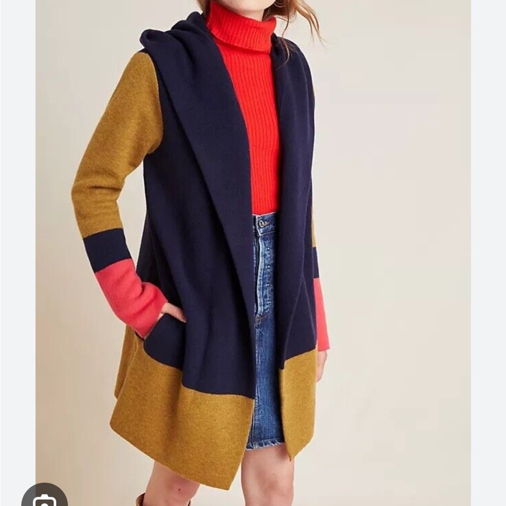 Flower Field Anthropologie Sweater Jacket Cardigan Hooded Mid Length 100% Wool